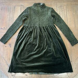 Kipp Smocked Velour Olive Green Dress Girls 10 Ribbed Mock neck
